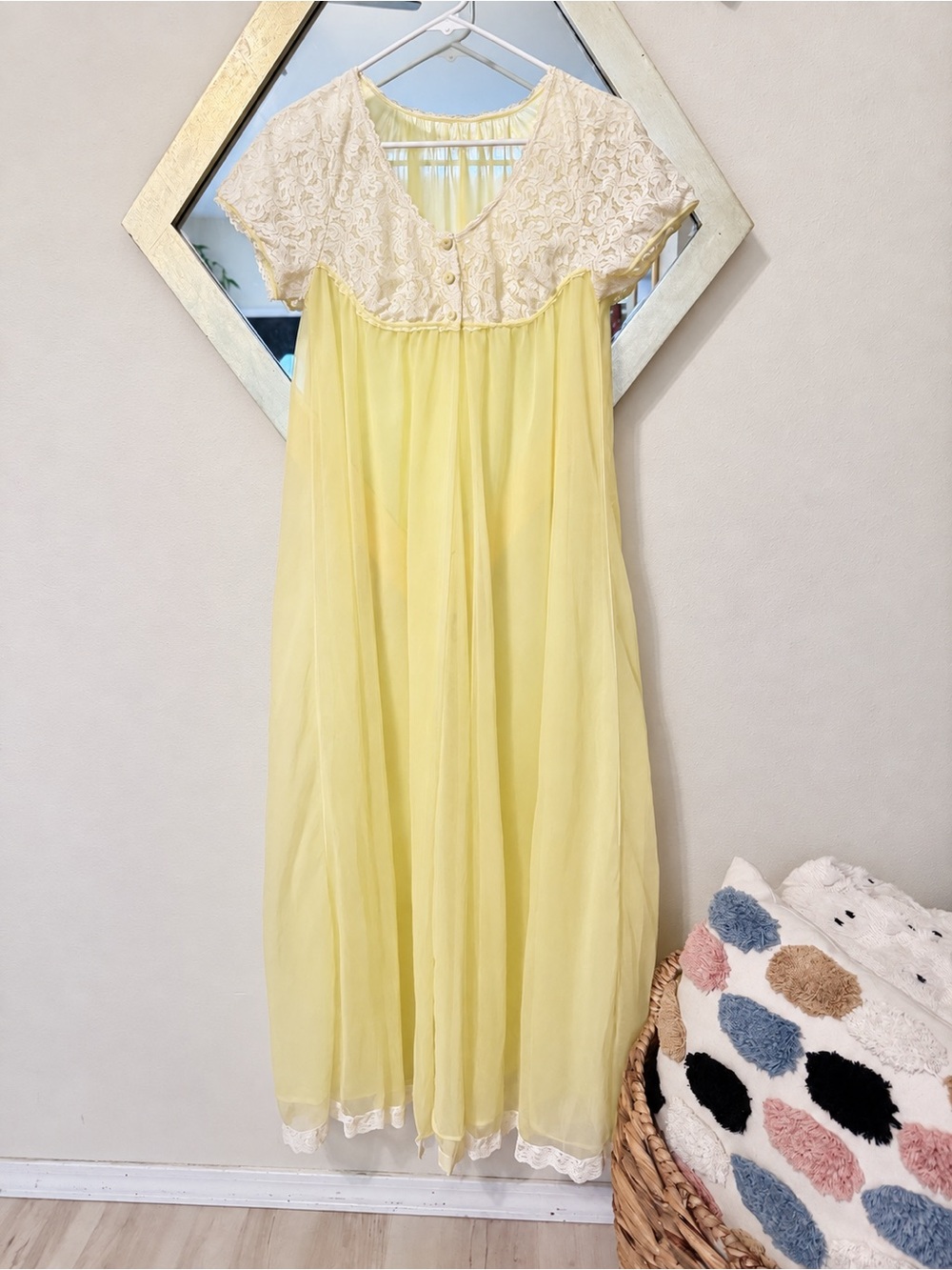 Vintage 70s Chic Lingerie Yellow Lace Chiffon Nightgown Small USA